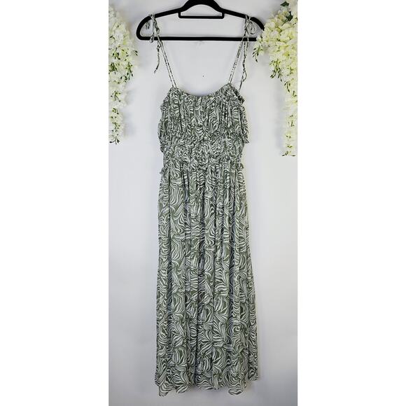 En Saison Sole Abstract Green Smock Midi Dress Size Large Cottage BOHO Milkmaid - Picture 6 of 16
